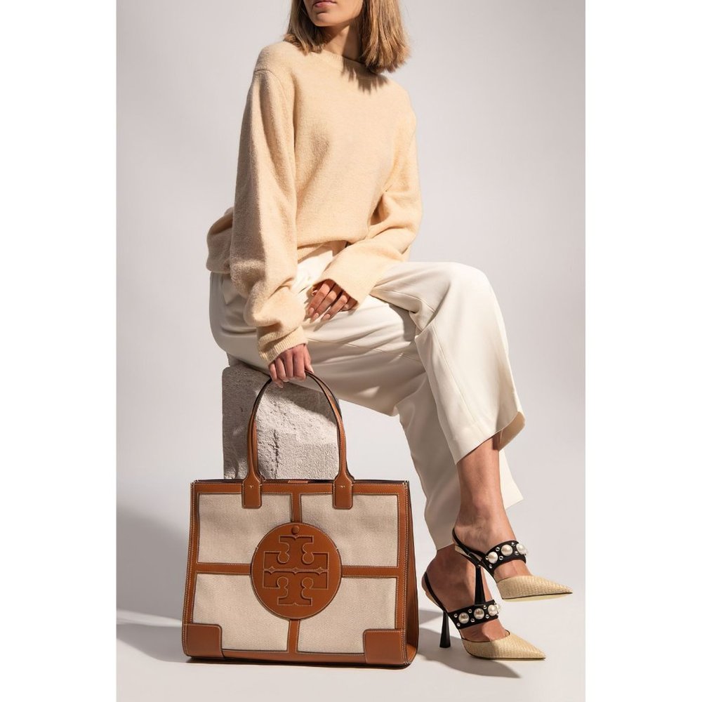 Tory Burch Ella Canvas Tote Quadrant Tote Bag Beige Brown - Picture 12 of 12